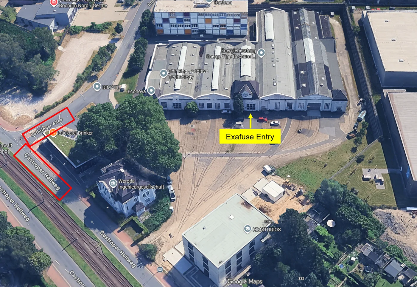Anfahrtsskizze mit markiertem Exafuse-Eingang an der Lothringer Allee in Bochum